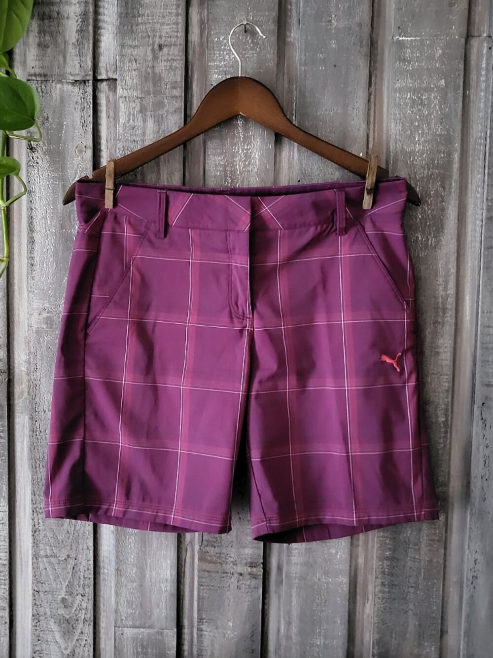 PUMA dryCELL Plaid Golf Bermuda Shorts Purple Pink Checkered Sport Activewear
